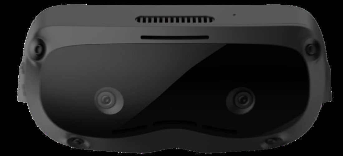 TOBI E6 采集头环正前方特写，可见两颗 RGB 相机、灰度相机与散热栅格